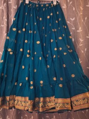 Shinney SQUIRRL Teal Skater Skirt with Gold Floral Trim